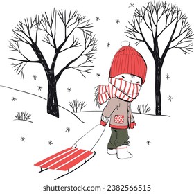 Child with a sled. Winter theme.