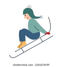 Child sledding down the hill, snow sled icon, vector doodle illustration of winter fun, holidays activities, Christmas and new year, isolated colored clipart on white background