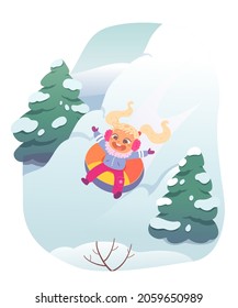 Child sledding in snow landscape vector illustration. Cartoon cute kid rolling down mountain slope on sled, playing fun sledge game, enjoying cold season. Christmas winter outdoor activity concept