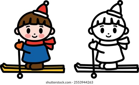 A child sledding in winter clothes. Christmas concept. Simple icons, characters, clipart with bold black lines. Vector.	
