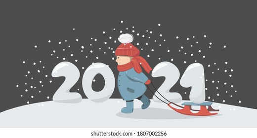 Kind mit Schlitten auf dem Hintergrund der Zahlen 2021. Konzept zu Weihnachten und Neujahr. Design für Postkarten, Glückwünsche. Vektorgrafik Junge und Schnee.