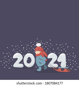 Niño con trineos en el fondo de los números 2021. Concepto para Navidad y Año Nuevo. Diseño para postales, felicitaciones. Nieve y niño de ilustración vectorial.