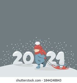 Niño con trineos en el fondo de los números 2021. Concepto para Navidad y Año Nuevo. Diseño para postales, felicitaciones. Nieve y niño de ilustración vectorial.