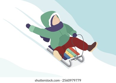 Child sledging the hill. Wintertime activity. Kid enjoy outdoor cold weather. Vector isometric illustration