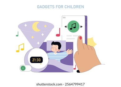 Child sleep enhancement with technology concept. Peaceful bedtime routine enabled by gadgets that play lullabies and display night sky projections. Vector illustration.