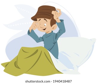 Child, sleepily, rubs his eyes. Little boy woke up in morning. Illustration concept for mobile website and internet development.