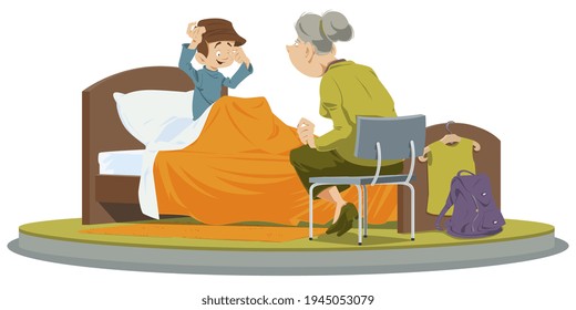 Child, sleepily, rubs his eyes. Little boy woke up in morning. Grandma wakes up grandson. Illustration concept for mobile website and internet development.