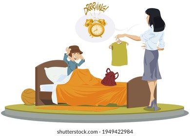 Child, sleepily, rubs his eyes. Little boy woke up in morning. Mom wakes up son. Illustration concept for mobile website and internet development.