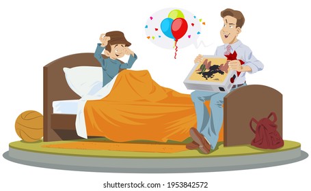 Child, sleepily, rubs his eyes. Little boy woke up in morning. Father with gift. Illustration concept for mobile website and internet development.