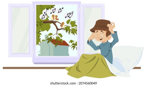 Child, sleepily, rubs his eyes. Little boy woke up from singing of birds. Illustration concept for mobile website and internet development.