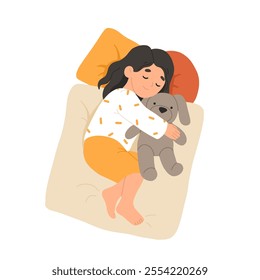 Child sleeping in bed. Calm kid asleep, lying and dreaming at night. Cute little baby girl with dog toy, sweet children relaxing on pillows. Flat cartoon vector illustration of nap time.