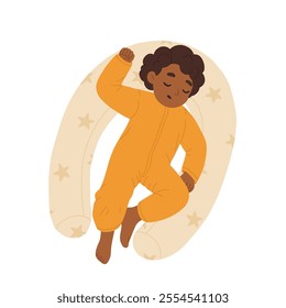 Child sleeping in bed. Calm kid asleep, lying and dreaming at night. Cute little boy, sweet children relaxing on pillows. Flat vector illustrations isolated on white background