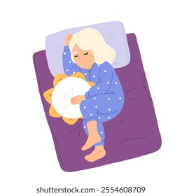 Child sleeping in bed. Calm kid asleep, lying and dreaming at night. Cute little baby girl with dog toy, sweet children relaxing on pillows. Flat cartoon vector illustration of nap time.