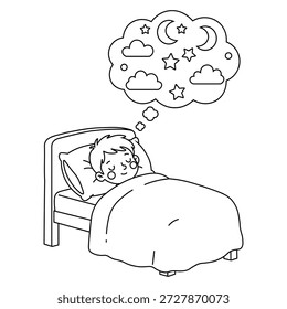 Child sleeping in bed and dreaming about night sky with moon and stars, line art vector illustration.