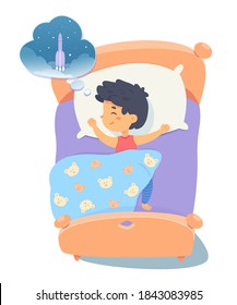 Child sleeping at bed, dreaming of flying in spaceship in bubble. Calm boy under blanket on pillow in bedroom asleep at night. Happy childhood bedtime vector illustration. Dream of being astronaut.