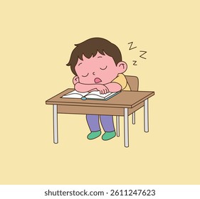The child is sleeping with a book open at the desk. Illustration vector with minimal design.