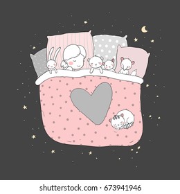 The child is sleeping with her toys. sweet dreams. bed time. Good night. Vector illustration. Starry sky