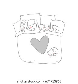 The child is sleeping with her toys. sweet dreams. bed time. Good night. Isolated objects on white background. Vector illustration.