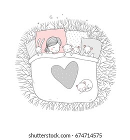 The child is sleeping with her toys. sweet dreams. bed time. Good night. Isolated objects on white background. Vector illustration. 