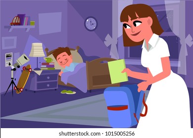 The child is sleeping. Mom helps the child to get ready for school