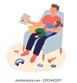 Child sleeping on father’s lap, dad reading book to daughter, falling asleep, parenting hand drawn composition, vector illustrations of parent and kid spend time together, colored clipart