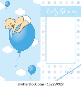 Child sleeping on top of a balloon. baby birth card