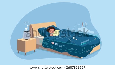 A child sleeping in a smart bed that monitors sleep patterns, heart rate, and temperature. A smart speaker plays calming music nearby. It illustrates a technologically advanced sleep monitoring system