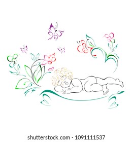 child sleeping under flowers