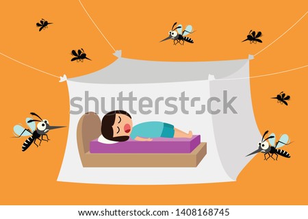 Child sleeping under mosquito net ,mosquito nets to protect from dengue fever, vector illustration