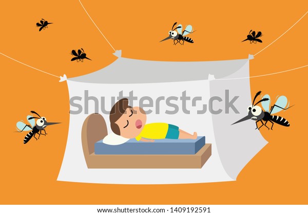 Child sleeping under mosquito\
net ,mosquito nets to protect from dengue fever, vector\
illustration