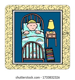 The child sleeps in bed in his bedroom. Through the window of the apartment you can see a person under the bedding with a rainbow and cloud pattern, a locker lamp and a striped rug by the bed. Vector