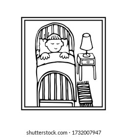 The child sleeps in bed in his room. Through the window in the apartment you can see the person under the bedding, a closet with a lamp and a carpet by the bed. Bedroom. Hand drawn vector illustration