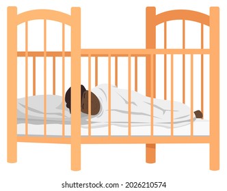 Child sleeps in bed in kids bedroom. African american baby lies in crib isolated on white background. Little dark skinned kid covered with blanket resting in bed. Toddler sleeps in childrens room