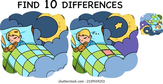 The child sleeps in bed. Night landscape moon and clouds. Children's full-color vector illustration. Find 10 differences. Educational game for children. Cartoon vector