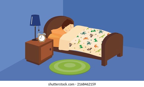 The child sleeps on a bed under a blanket. Next to the alarm clock