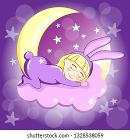 
The child sleeps in a suit of a hare. Vector. Rabbit costume. the girl is sleeping. cute girl on a purple background. Month and stars. Dreams. star sky vector