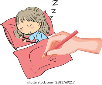 A child sleeps while a hand draws them