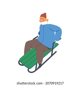 Child Sliding Down Snow Hill on Sled at Winter Park Isolated on White Background. Young Kid Male Character in Knitted Hat and Scarf Sledging Outdoors Activity, Leisure Fun. Cartoon Vector Illustration