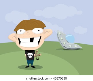 Child with a slingshot shooting a UFO.
