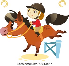 Child with Small Horse, jumping a Hurdle: image isolated on white background