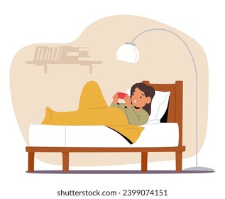 Child with Smartphone Nestled In Bed, Bathed In The Soft Glow. Illuminated Expressions Reflect Screen Fascination, Capturing The Modern Blend Of Bedtime And Technology. Cartoon Vector Illustration