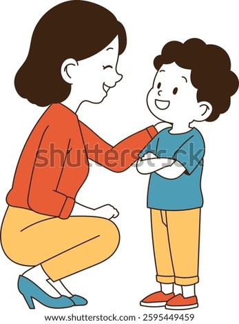 A child smiling face to face with his mother. minimal line art vector illustration.