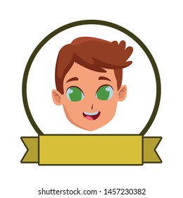 child smiling and happy portrait on round frame icon with blank ribbon banner vector illustration graphic design