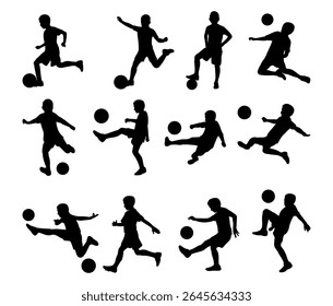 Child Soccer Silhouette Set. Collection of Kids Playing Football in Action Poses