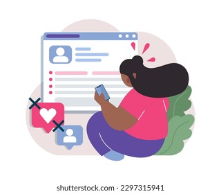 Child in social media. Little girl with phone surfing social networks. Online account, user page. Dangers of the internet. Children safe content, communication and education. Flat vector illustration