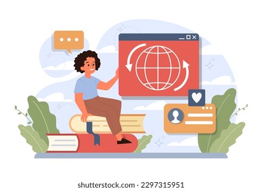 Child in social media. Little girl with phone surfing social networks. Online account, user page. Dangers of the internet. Children safe content, communication and education. Flat vector illustration