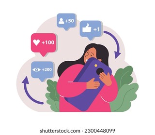 Child in social media. Little girl with phone surfing social networks. Online account likes, views and subscribtion. Children safe content, communication and education. Flat vector illustration