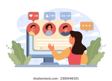 Child in social media. Little girl surfing social networks subscribing to popular blogs. Dangers of the internet. Children safe content, communication and education. Flat vector illustration