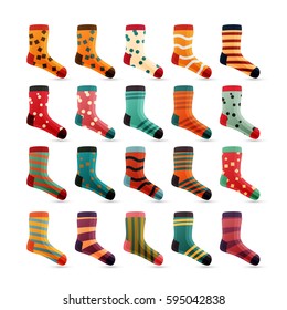 Child Socks Icons Vector. Big Set In Flat Style  Illustration. Winter Fashion Sock Fabric Design.