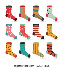 Child Socks Icons Vector. Colorful Cute Icons. Sock Set Isolated On White Background. Cotton Wear  Colored.
